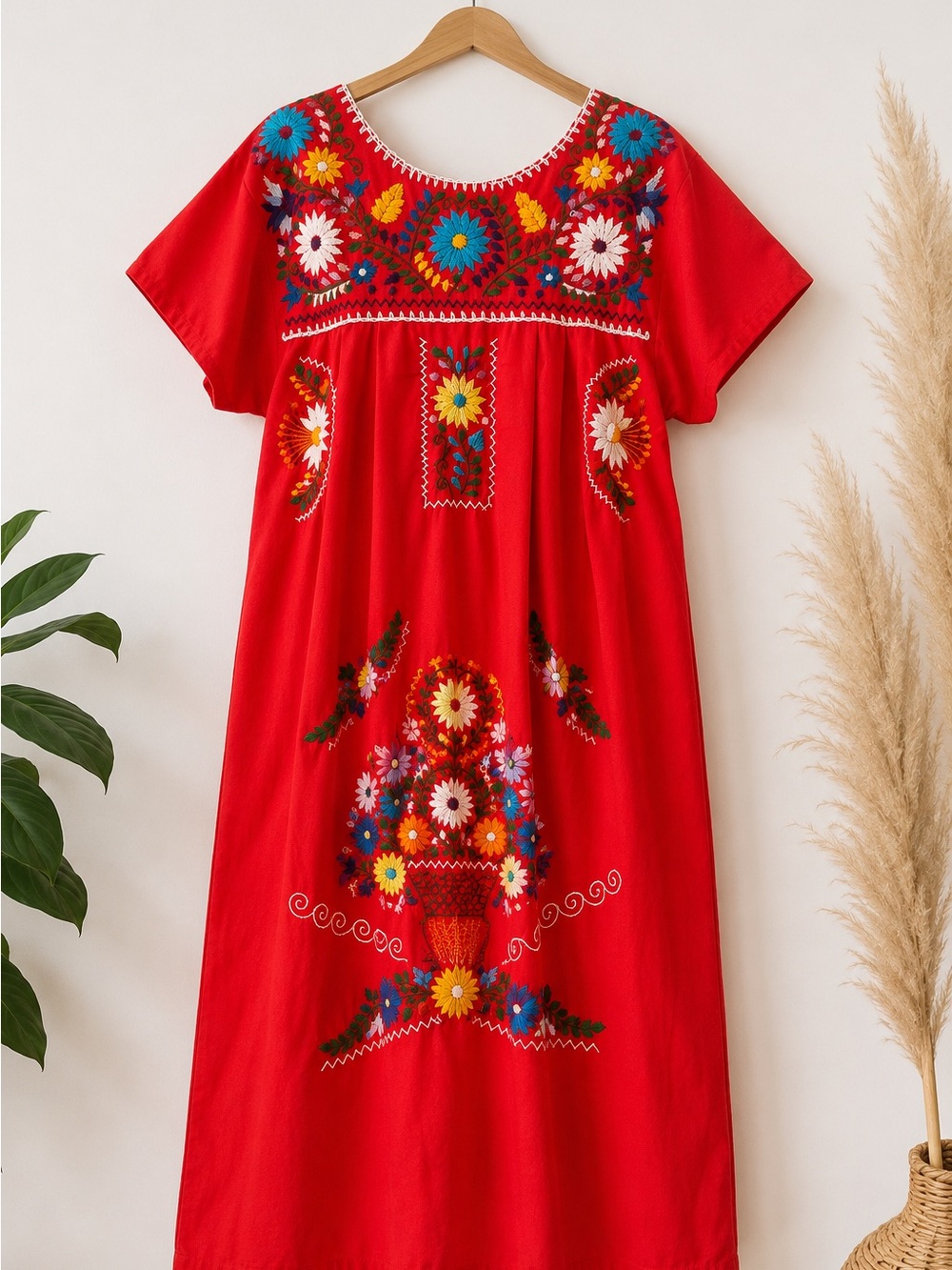 Handmade Oaxacan Embroidered Dress | Oaxaca Mexico | Red Floral Folk Art Dress